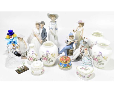 NAO; a collection of five ceramic figures to include 'The Bride and Groom', height 26cm, a boy dressed as a Pierrot and anoth