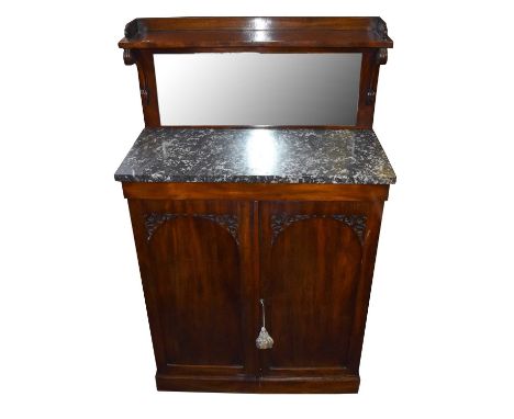 A small 19th century mahogany chiffonier, the shelved mirror back above marble top and pair of panel doors, width 71.5cm.