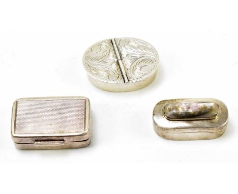A modern sterling silver twin section pill box of oval form, width 4cm, together with a modern sterling silver pill box with 