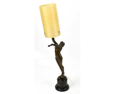 An Art Deco style bronzed spelter figural lamp, with associated shade on marble base, height without shade 55cm.The lamp has 