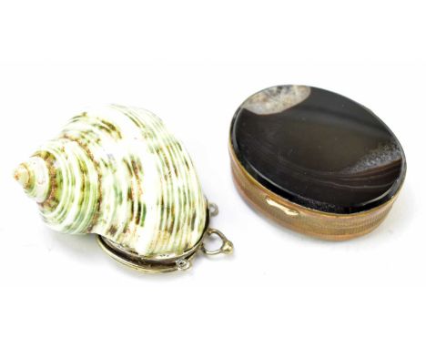 An early 19th century shell snuff box with silver plated mount, length 4.5cm, together with a brass and hardstone snuff box o