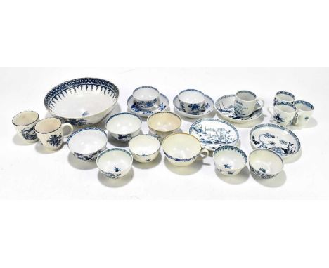 A collection of 18th century blue and white porcelain, various factories and patterns to include Dr Wall Worcester Flight Bar