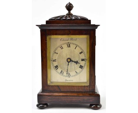 EDWARD BIRD BRISTOL; a 19th century rosewood cased miniature bracket clock, the silvered dial set with Roman numerals and eng