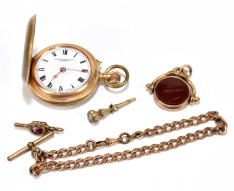 JOHN FORREST, LONDON; a gold plated full hunter crown wind pocket watch, the enamel dial set with Roman numerals, diameter of