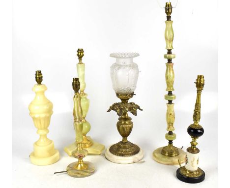  A collection of assorted table lamps to include a gilt metal example with frosted glass shade raised on an urn and terminati