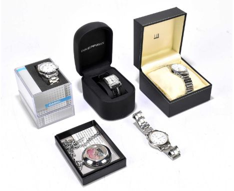 A collection of four gentleman's wristwatches comprising a Dunhill stainless steel wristwatch with Arabic numerals, baton dia