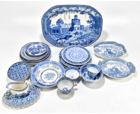 ROGERS; a 19th century blue and white meat plate depicting figures beside camel with ruins in the background, 37 x 48cm, toge