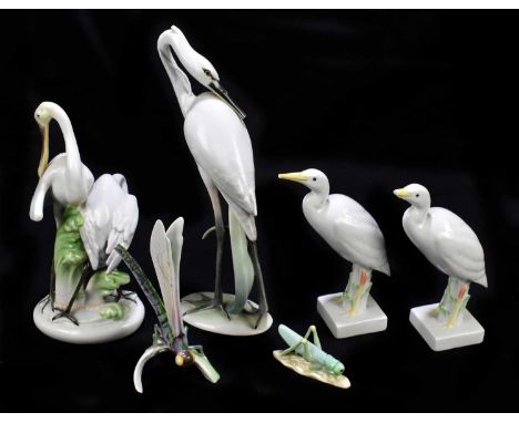 HEREND; a collection of six porcelain figures to include crane, height 26cm, model of a dragonfly, height 16cm, etc (6).Drago
