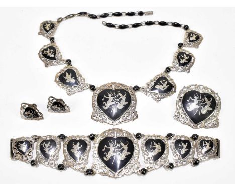  A suite of Thailand black enamel sterling silver jewellery to include necklace, bracelet, brooch and pair of earrings, stamp