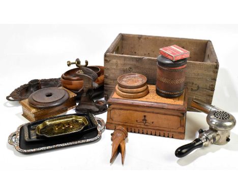 A quantity of assorted treen including boxes, modern mantel clock, book racks, biscuit barrel, cased student's microscope, le