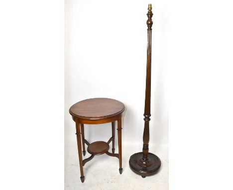 An Edwardian inlaid mahogany occasional table, height 70cm (af), together with a modern oak standard lamp (2).