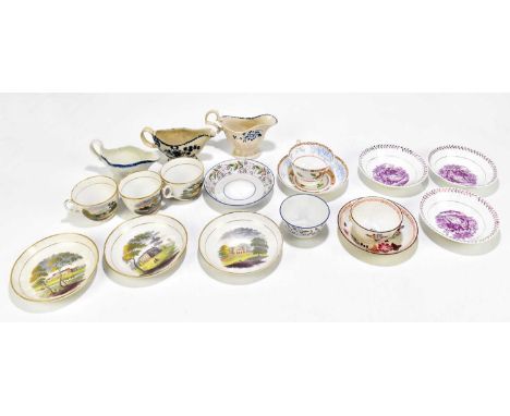 A collection of late 18th century and later ceramics and Creamware to include three blue and white sauce boats, hand painted 