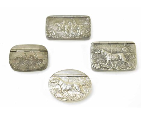 Three 19th century pewter snuff boxes to include an example with embossed detail of a hunting scene, width 6.5cm, also a furt