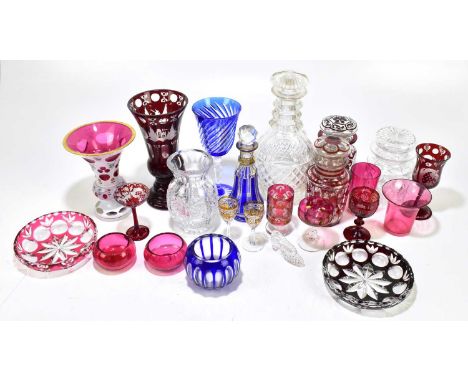 A collection of 19th century and later glassware to include Bohemian scent bottle with overlaid panelled decoration and star 