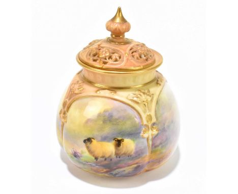 HARRY DAVIS FOR ROYAL WORCESTER; a hand painted potpourri jar and cover, decorated with sheep, mark to the underside, height 