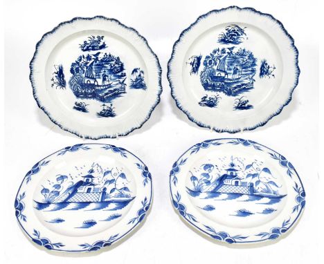 CREAMWARE; four 18th century plates comprising two pairs, the first pair decorated with a pagoda type building in landscape, 
