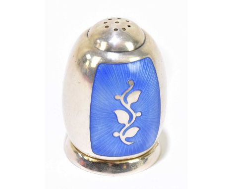 VOLMER BAHNER; a Danish silver and blue enamel pepperette, of ovoid form, height 4cm.Light patine to the silver surface, ther
