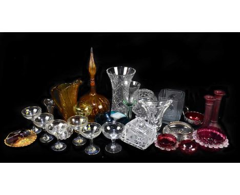 A quantity of cut glass including a decanter, vase, ashtray and a set of six Babycham glasses.