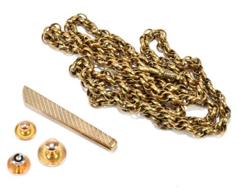 A 9ct yellow gold tie clip with engine turned decoration, together with two 9ct yellow gold shirt studs, combined weight 8.1g