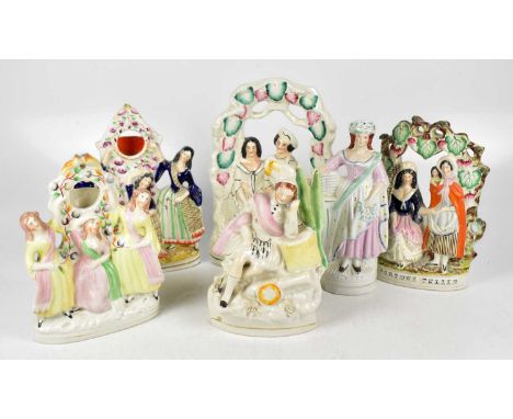 STAFFORDSHIRE; a collection of 19th century and later figures to include 'Fortune Teller', a model of a maiden resting on a c