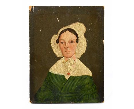 MID-19TH CENTURY BRITISH SCHOOL; oil on panel representing a Victorian maiden with headdress, indistinctly inscribed verso, 2