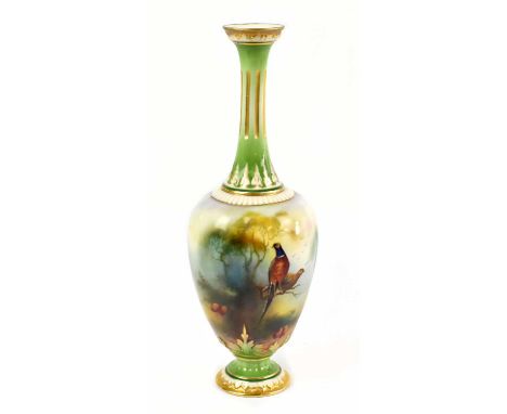 HENRY MARTIN FOR HADLEY'S WORCESTER; a hand painted vase decorated with pheasants perching in landscape settingLight wear to 