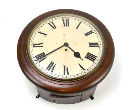 A 19th century mahogany fusee eight day wall time piece, with enamel Roman numeral dial and single fusee movement, diameter 4
