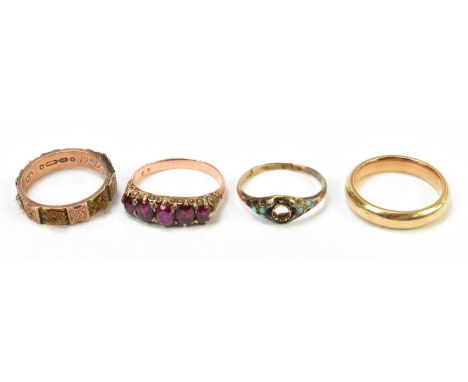 A 9ct yellow gold wedding band and a 9ct rose gold ring, combined weight approx 6.4g, also a yellow metal garnet set ring and