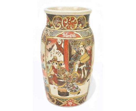 An early 20th century Japanese Satsuma vase of cylindrical form decorated with stylised figures and floral sprays, height 25c