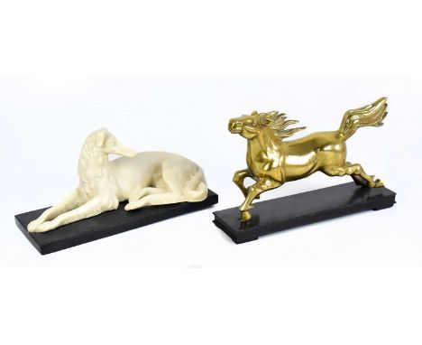 An Art Deco painted composite model of a Borzoi, length 33cm, together with brass horse on wooden plinth base (2).