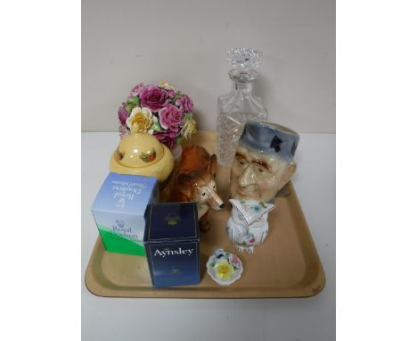 A tray containing china flower posies, Melba ware Corgi dog, Aynsley Orchard Gold lidded pot, Charles Dickens character jug, 