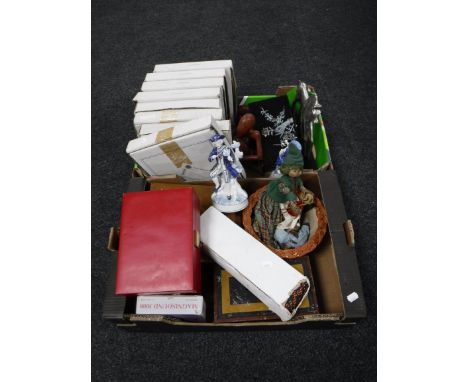 Two boxes containing continental figures, collectors plates, trinket boxes, etc 