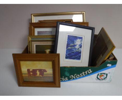 A box of assorted pictures and prints inc. L. S. Lowry, Tate Gallery Turners print Venice etc 