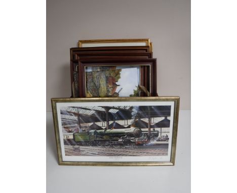A box of assorted pictures and prints - framed Margaret Pemberton oils, signed print The King George VI by J Wigston, etc 