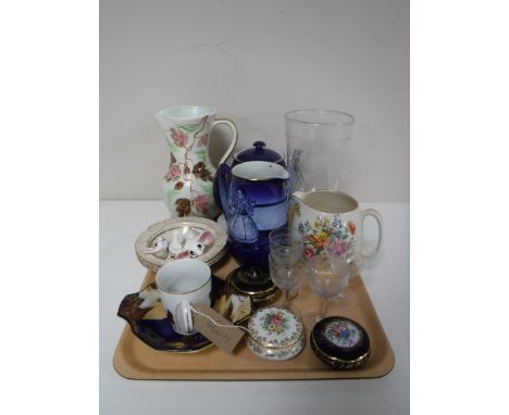 A tray of antique glass vase, liqueur glasses, blue and white Delft style tea pot and jug, trinket boxes, Redford jug etc 