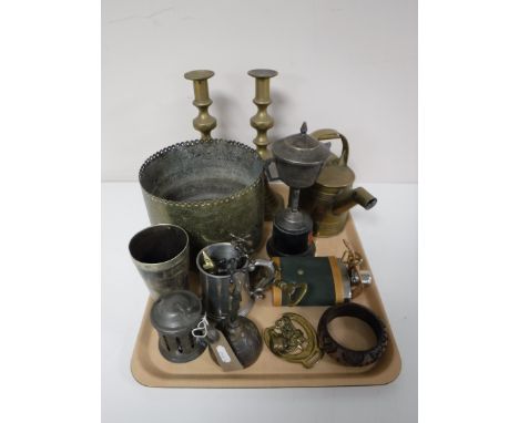 A tray containing plated ware, brass candle sticks, brass watering can, hip flask, horn beaker