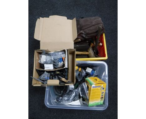 Two boxes containing joinery tools and a garden watering kit 