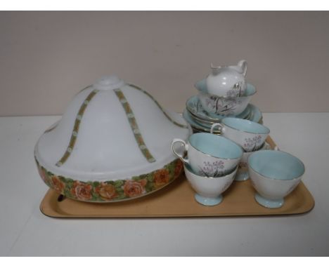 A tray of Art Deco light shade and eighteen pieces of Tuscan Glendale bone china 