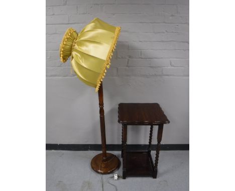 An oak barley twist occasional table, together with an oak standard lamp with shade