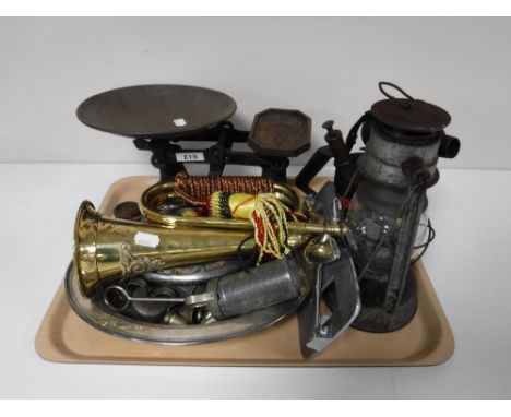 A tray containing vintage blow torch, brass bugle, kitchen scales and weights, etc  