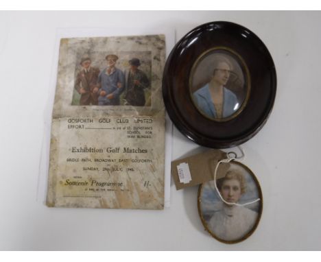 Two early 20th century hand painted portrait miniatures, together with a 1945 Gosforth Golf club exhibition programme