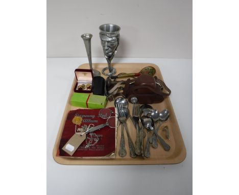 A tray of six penny red stamp album, cutlery, camera, Hohner band harmonica, Royal Selangol pewter tankard, pewter Viking lon