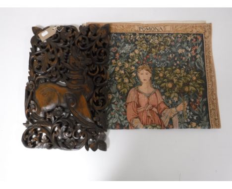 A carved Chinese hardwood wall plaque, together with a tapestry wall hanging 