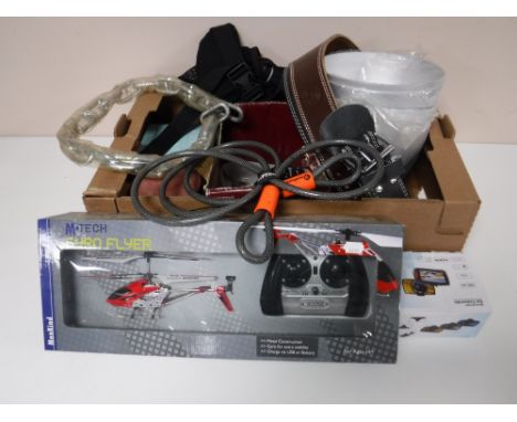A box of weight lifting belts, bike chains, lap to bag, RC helicopter, metal light shades etc 