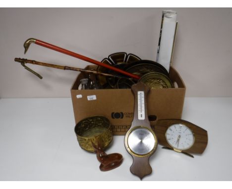 A box containing copper ware, a bamboo handled litter picker, a barometer, seventies wall clock, walking stick, rolled poster