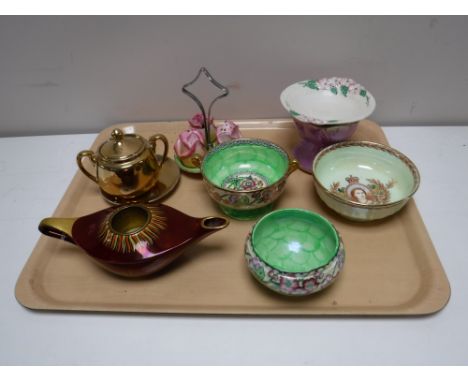 Five pieces of miscellaneous Maling lustre ware, together with a china novelty three-piece condiment set on stand modelled as