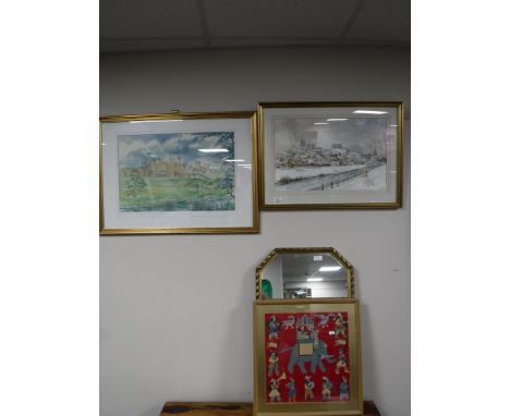 An octagonal gilt framed mirror, a framed tapestry, a gilt framed watercolour study signed Grey - winter scene and a Don H Gr