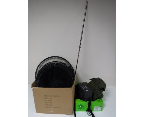 A box containing a Hardy sovereign rod two piece keep net, Dunlop waders, fishing bag, knife, etc 