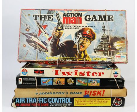 Five vintage board games to include The Action Man Game by Palitoy Parker (UK ed.), Twister by Arrow Games Ltd (UK 1st ed. 19