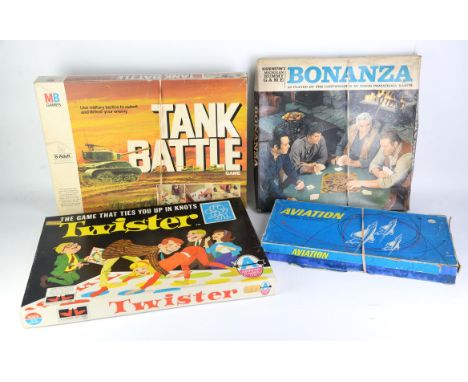 Four board games to include, Aviation by HP Gibson, c1960's. Tank Battle by MB games, 1976. Bonanza by Waddingtons, The Michi